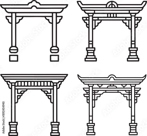 Set of Traditional Chinese gates Outline vector illustration isolated On Transparent Background