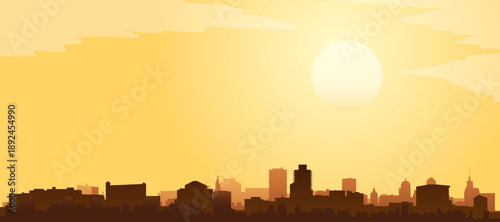 Golden yellow panoramic poster of the city skyline with misty background buildings and clouds of CAPE TOWN, SOUTH AFRICA