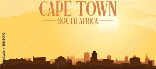 Golden yellow panoramic poster of the city skyline with misty background buildings and clouds of CAPE TOWN, SOUTH AFRICA