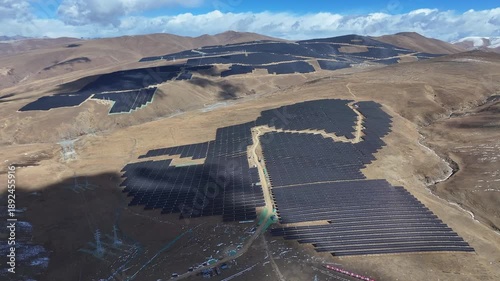 Aerial view of Massive High-Altitude Solar Farm in China