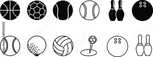 Ball Icon Set collection Tournament Branding. Sports Equipment Athletic Competition Symbols 