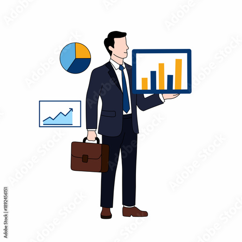 Vector illustration of a professional businessman holding a statistical chart showing business growth and performance analysis