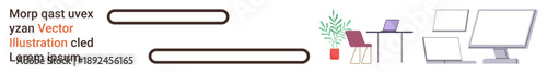 Remote work, productivity, office environment, ergonomic workspace, career flexibility, modern technology. Desk setup a laptop, monitors chair and plant. Remote work and productivity concept