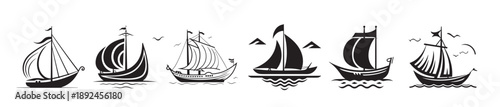 set of sailing boat floats on waves small ship for 