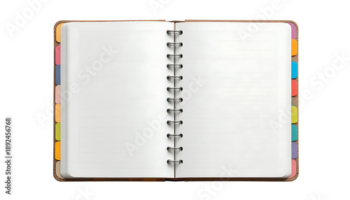 Open Notebook with Colorful Tabs Isolated on White Background