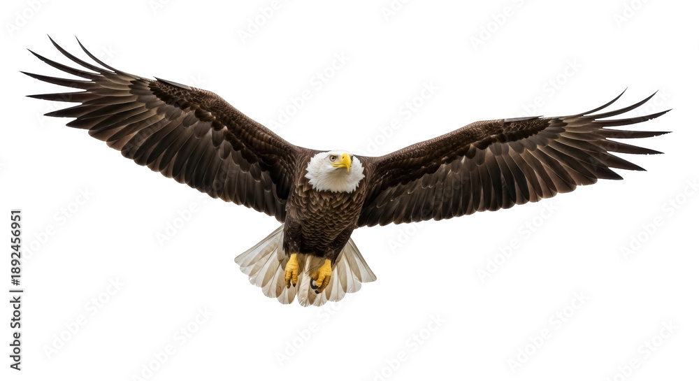 Fototapeta premium Majestic bald eagle flying PNG isolated on transparent background, powerful bird of prey with outstretched wings for wildlife and nature designs