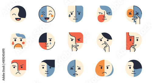 A collection of minimalist split-face icons illustrating various human emotions and mental states with abstract designs.
