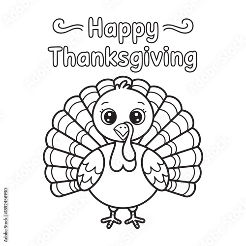 Happy Thanksgiving Cute Turkey Cartoon Line Art Vector Illustration for Kids Coloring Page