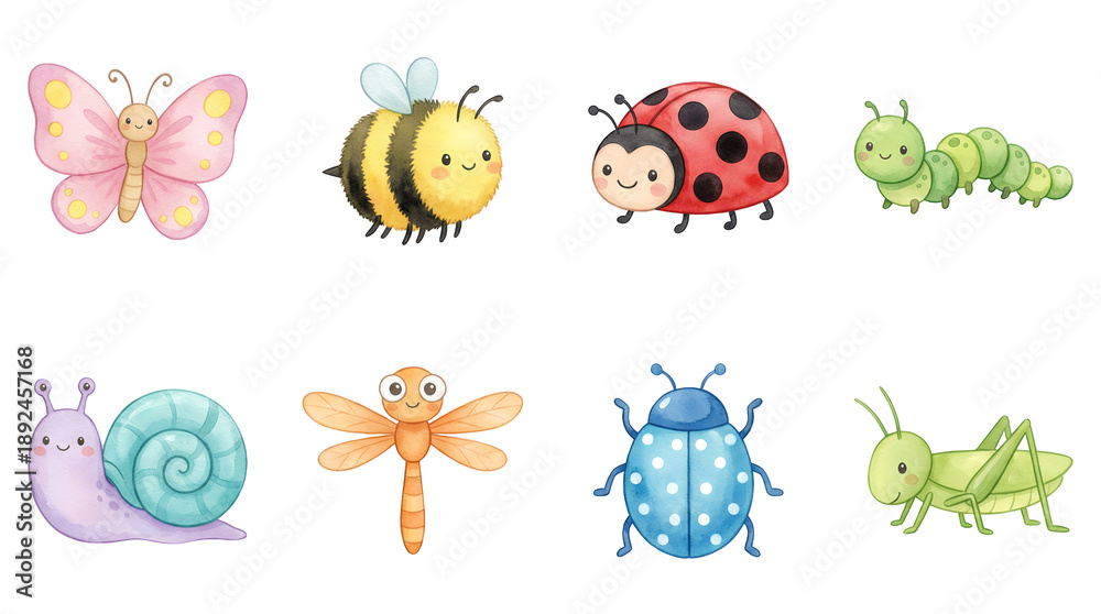 Fototapeta premium Cute insect watercolor set including butterfly, bee, ladybug, caterpillar, snail, dragonfly, and grasshopper isolated. Childrens nursery and educational animal collection.