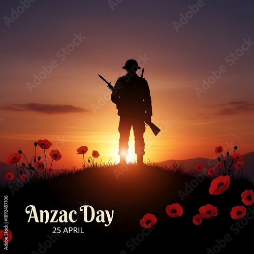 Soldier silhouette at sunset on anzac day