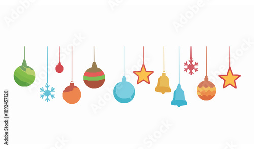 Colorful Hanging Christmas Ornaments Vector Set in Flat Cartoon Style for Holiday Design