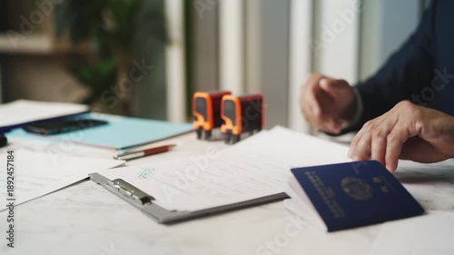 Customs officer approving North Korean person's application, political asylum