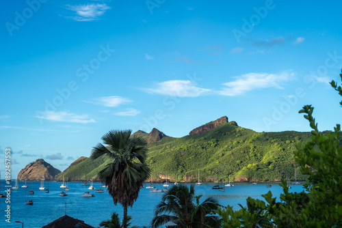 Tableau sur toile Taiohae Bay with anchored sailboats in Nuku Hiva, Marquesas Islands, French Poly