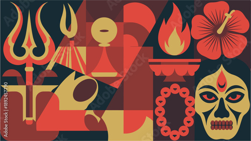 Abstract geometric composition with Hindu religious symbols and motifs