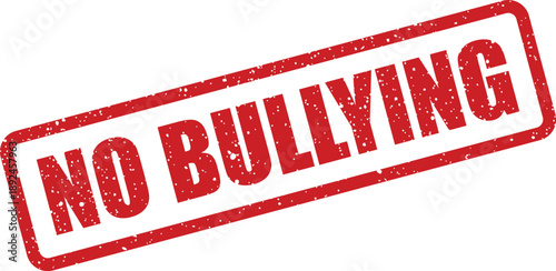 Red rubber stamp imprint clearly stating NO BULLYING diagonally on a clean white surface