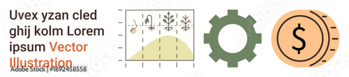 Business growth, financial planning, resource management, technology optimization, data analysis, economic strategies. Graph, gear and dollar icons. Business growth and financial planning concepts