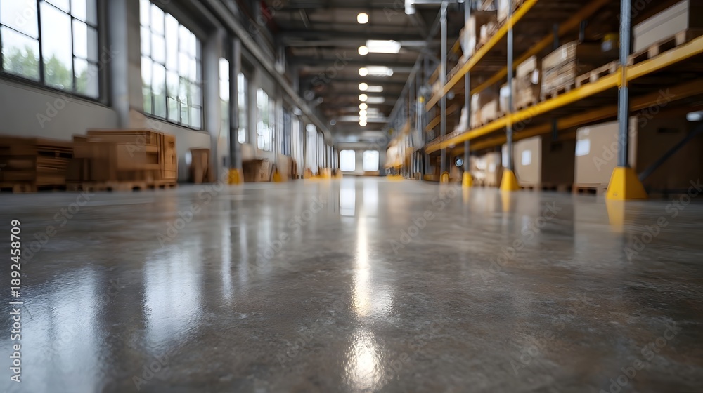 Obraz premium A clean modern warehouse interior with a highly reflective polished concrete floor and tall storage racks