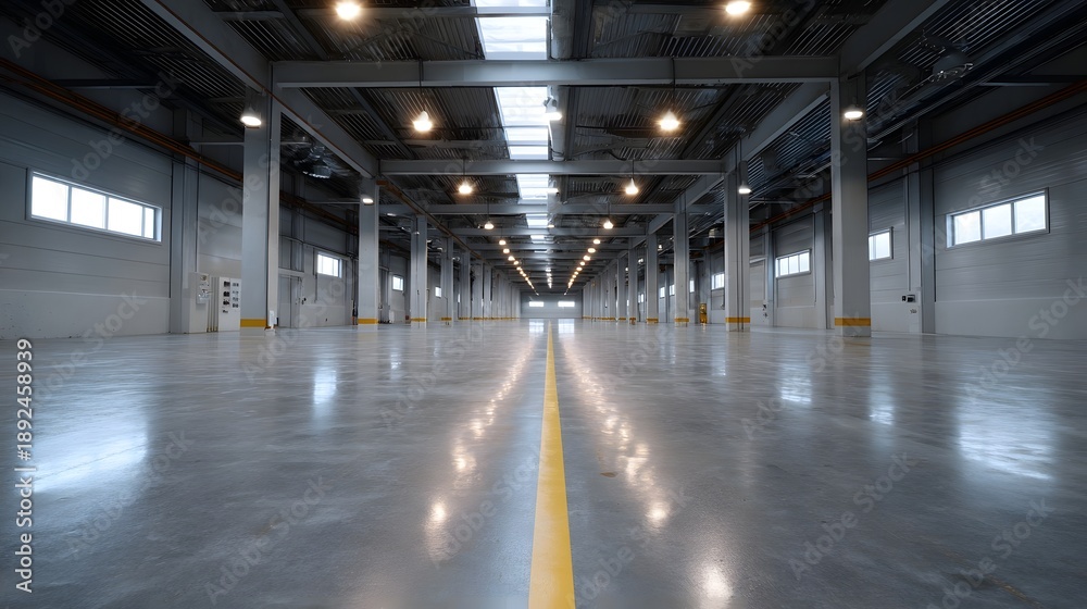 Naklejka premium Spacious clean empty modern industrial warehouse interior with a polished concrete floor and yellow guiding line