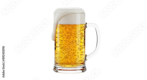 Fotografia Refreshing beer in glass mug isolated PNG, golden lager with overflowing foam on