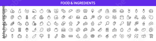 Food & Ingredients editable line icon set. Cake, fast food, cheese, eggs, flour, butter, bread, bakery, pastry, fruits, vegetables, sweets, fish, meat, etc. Isolated on a white background. Vector.