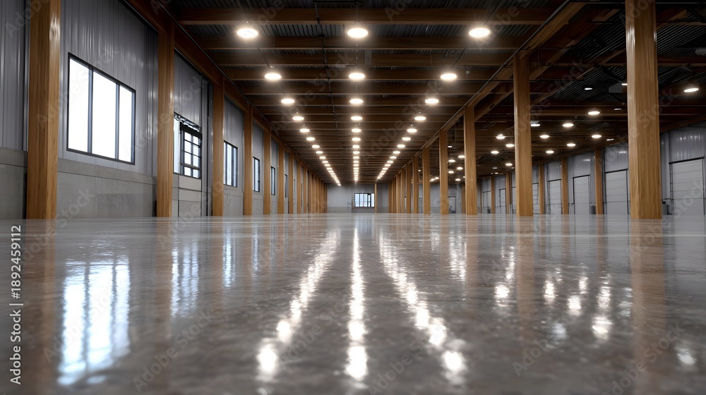 Naklejka premium An empty modern industrial warehouse interior with a polished concrete floor reflecting overhead lights and wooden structural beams