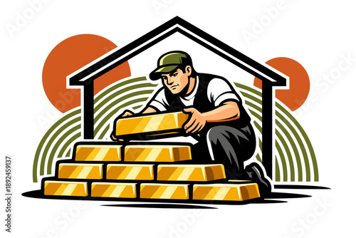 Construction worker building with gold bars under a house outline.