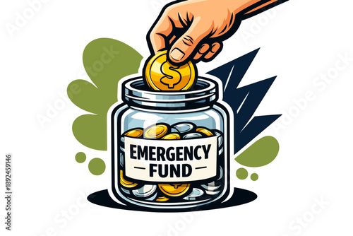 Hand placing coin into emergency fund jar illustration.