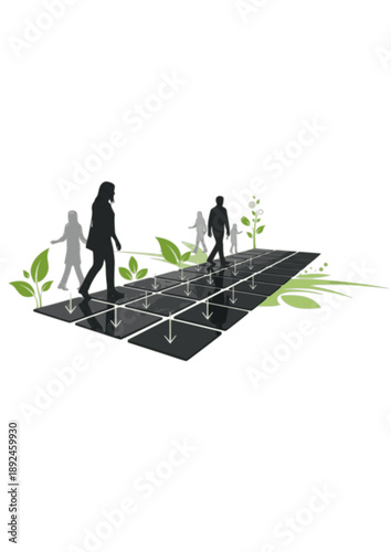 Kinetic Energy Harvesting Tiles Silhouette, Human Powered Electricity, Sustainable Smart Home Pathway and Green Infrastructure Vector
