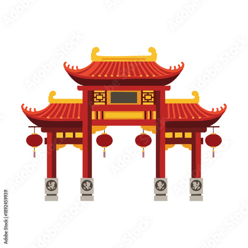 Traditional Chinese Archway Gate Illustration with Red Roofs and Lanterns.