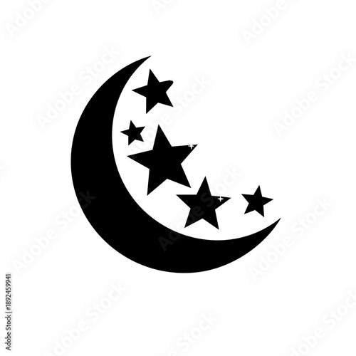 Stylized crescent moon and stars in a simple black silhouette design.