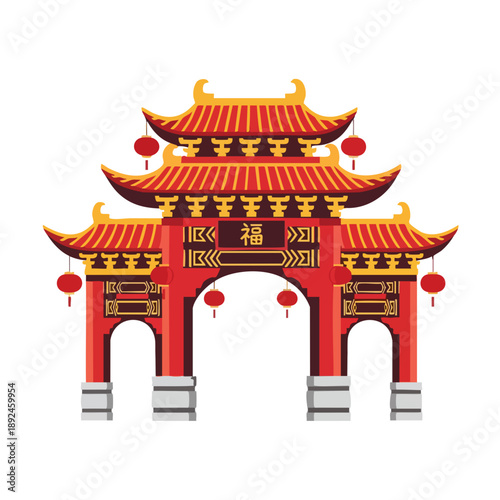 Traditional Chinese Archway with Red Roofs and Lanterns.