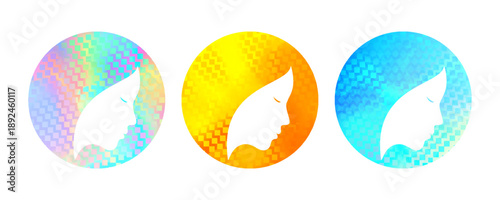 For all hair types icons for shampoo or conditioner, vector labels. For all hair types icons with face and hair silhouette on holographic iridescent sticker signs
