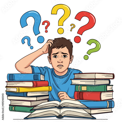 Boy confused with many books open.