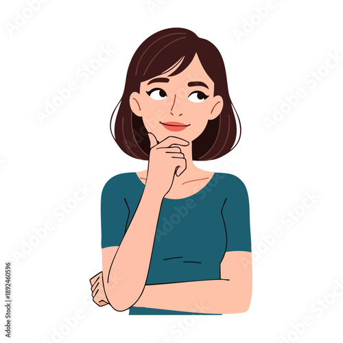 Young woman thinking with hand on chin.