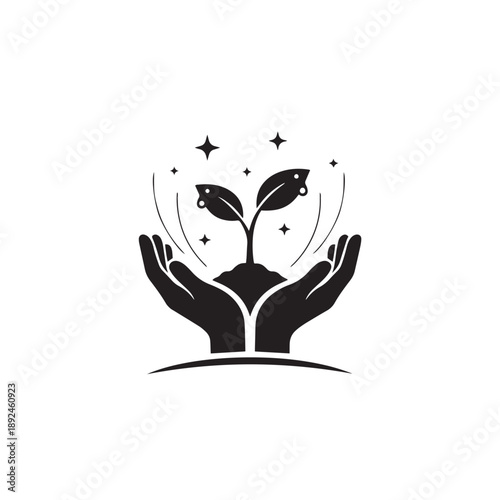 Vector silhouette of hands holding a small plant, eco growth symbol.