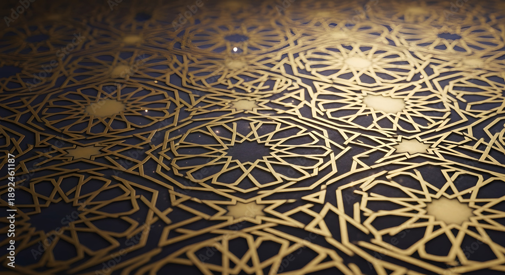 Obraz premium Geometric Islamic pattern featuring golden intricate stars on a dark blue background, showcasing traditional art and design