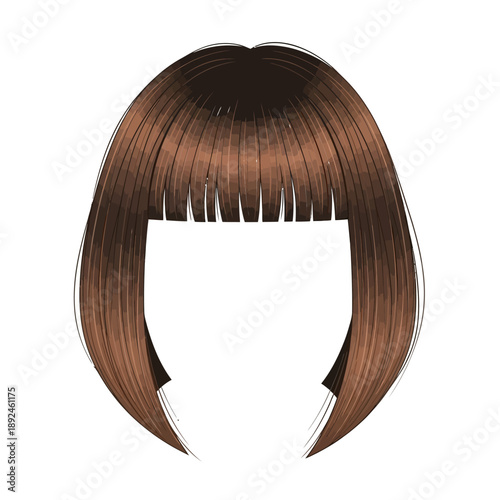 Illustration of a woman's haircut with bobbed brown locks and bangs from behind