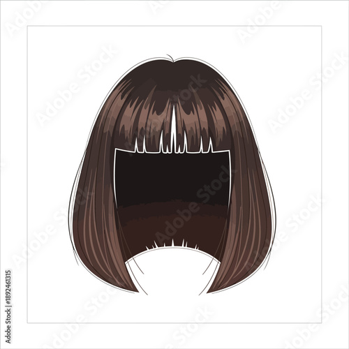 Illustration of a woman's hair from behind with a short bob and bangs, viewed from the back