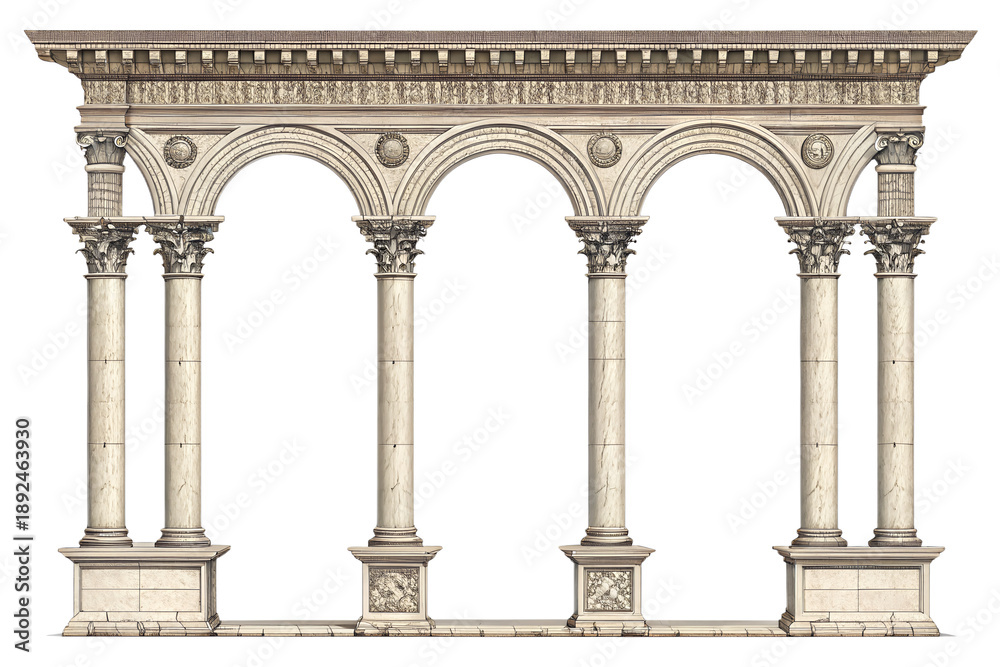 Obraz premium Architectural colonnade segment with three stone columns, symmetrical composition, isolated on transparent background, PNG