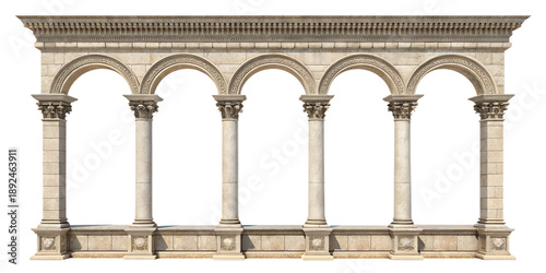 Architectural colonnade segment with three stone columns, symmetrical composition, isolated on transparent background, PNG