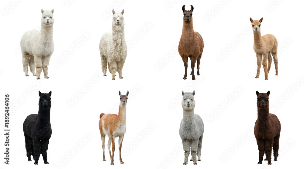 Fototapeta premium Alpaca and llama set including huacaya, suri, guanaco, and vicuna breeds isolated. Livestock and south american camelid collection.
