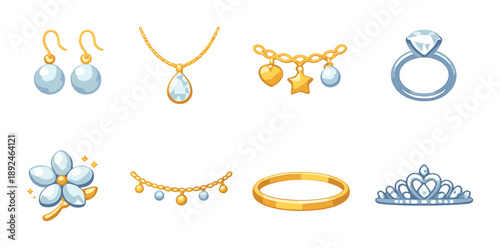 Elegant jewelry collection: necklaces, rings, earrings, and bracelets with gemstones and charms