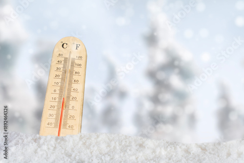 Photography Outdoor thermometers show sub-zero temperatures during severe snowstorms, indicating extreme cold and weather conditions