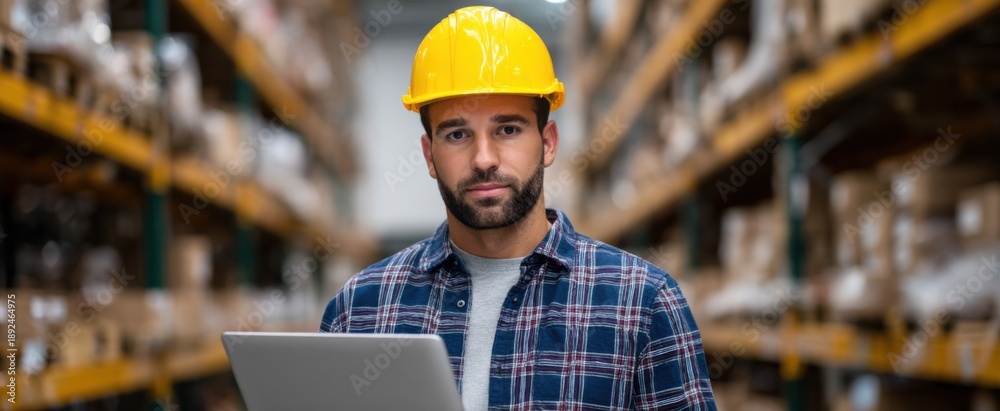 Naklejka premium Focused worker in warehouse with shelves deeply engaged using a laptop feeling determined.