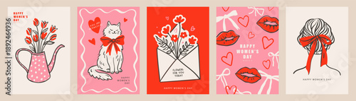 A set of greeting cards for World Women's Day with tulips in a watering can, a cute cat with a bow, a bouquet in an envelope, red lips and a woman's hairstyle with a bow. In sketch and doodle style