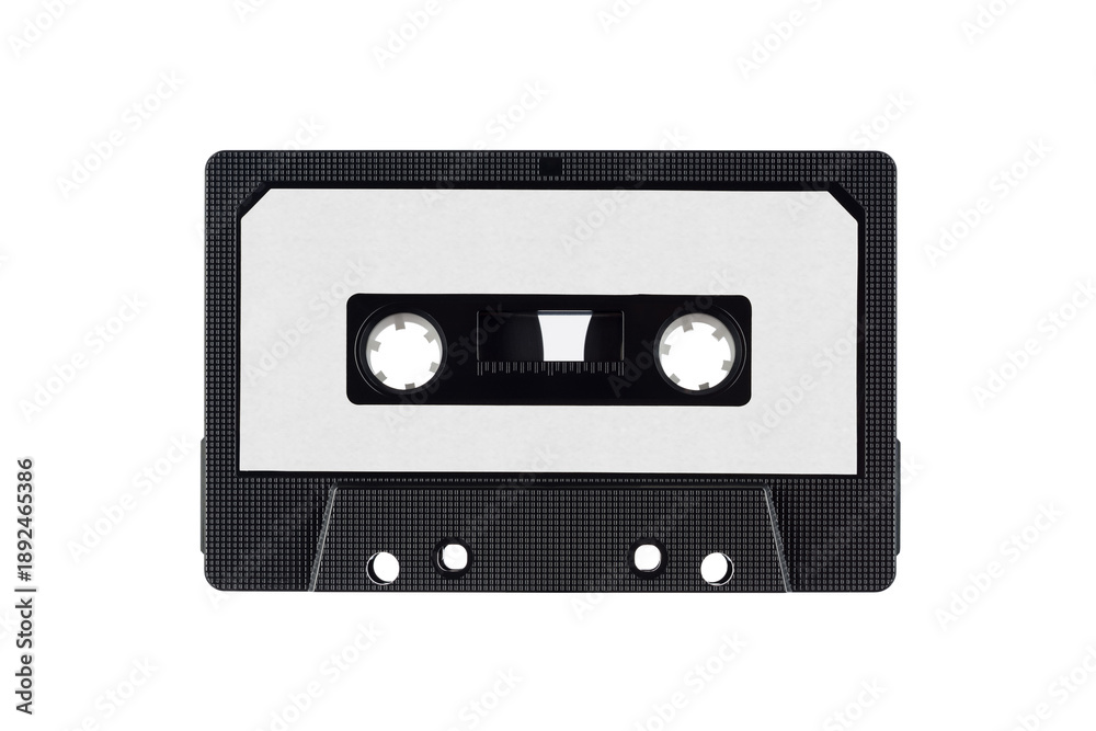 Fototapeta premium Old cassette tape with blank label isolated on transparent background. PNG image.