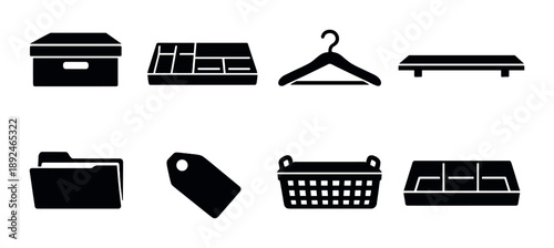 Set of eight minimalist household storage and organization icons in black