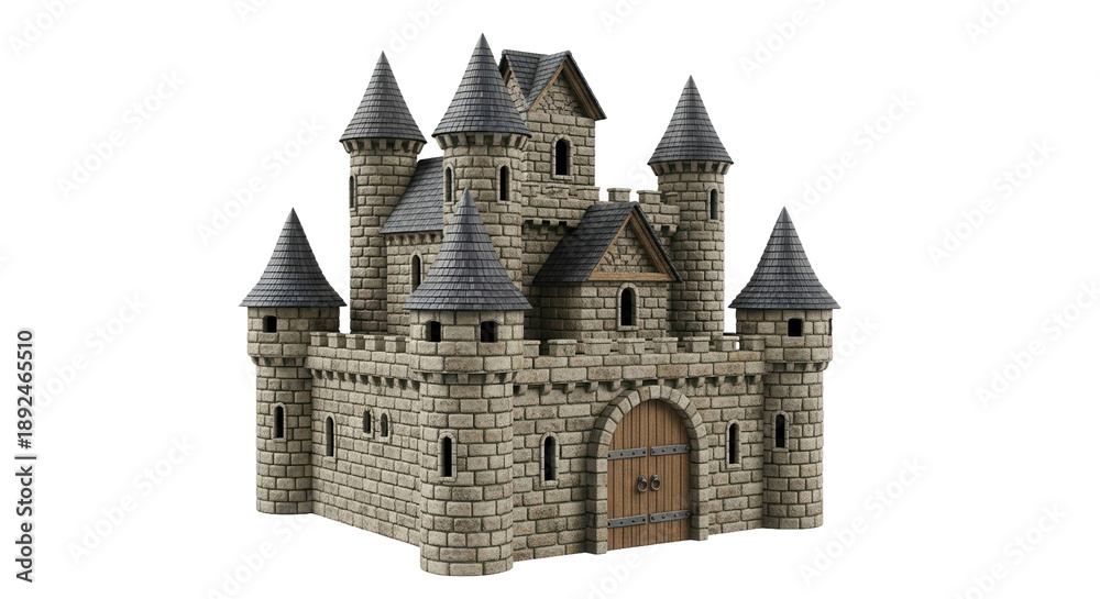 Naklejka premium Medieval stone castle model with multiple towers and a wooden gate, cut out, stock png, isolated on transparent background
