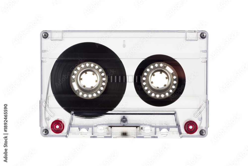 Fototapeta premium Old transparent cassette tape without label isolated on transparent background. PNG image.