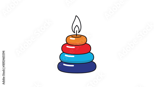 Minimalist cartoon illustration of a lit candle made from a stack of colorful, rounded pebble-like shapes on a white background.